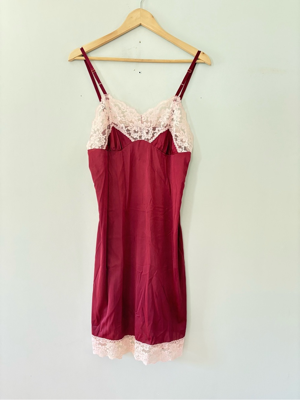 Vintage 1970s Philmaid Burgundy Satin Pink Lace Slip Dress Size 38 M/L 17x38